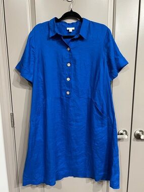 J. Jill Love Linen Bright Royal Blue Linen Collared Lagenlook Tunic Dress